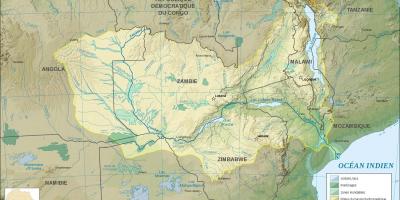 Mapa ng Zambia ng pagpapakita ng mga ilog at lawa