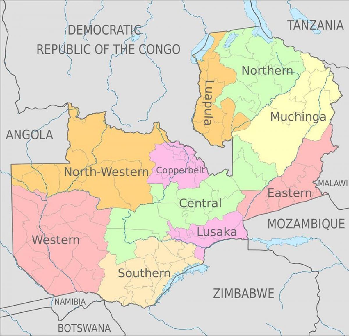 mapa ng Zambia ng pagpapakita ng 10 mga lalawigan