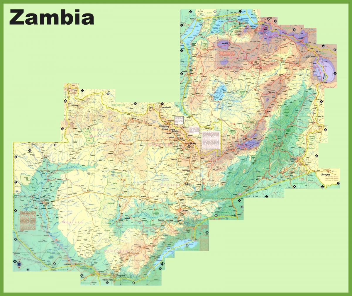 mapa ng Zambia nagpapakita ng lahat ng mga bayan